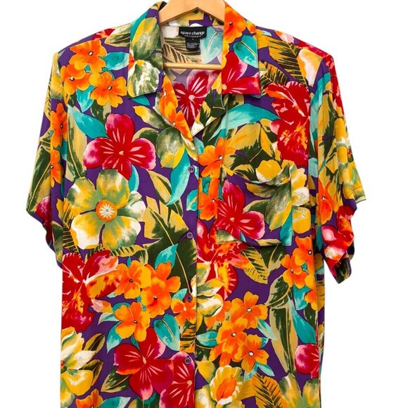VINTAGE RAYON BLOUSE Spare Change Califorinia Bright Floral Pattern Size Large - Picture 1 of 7